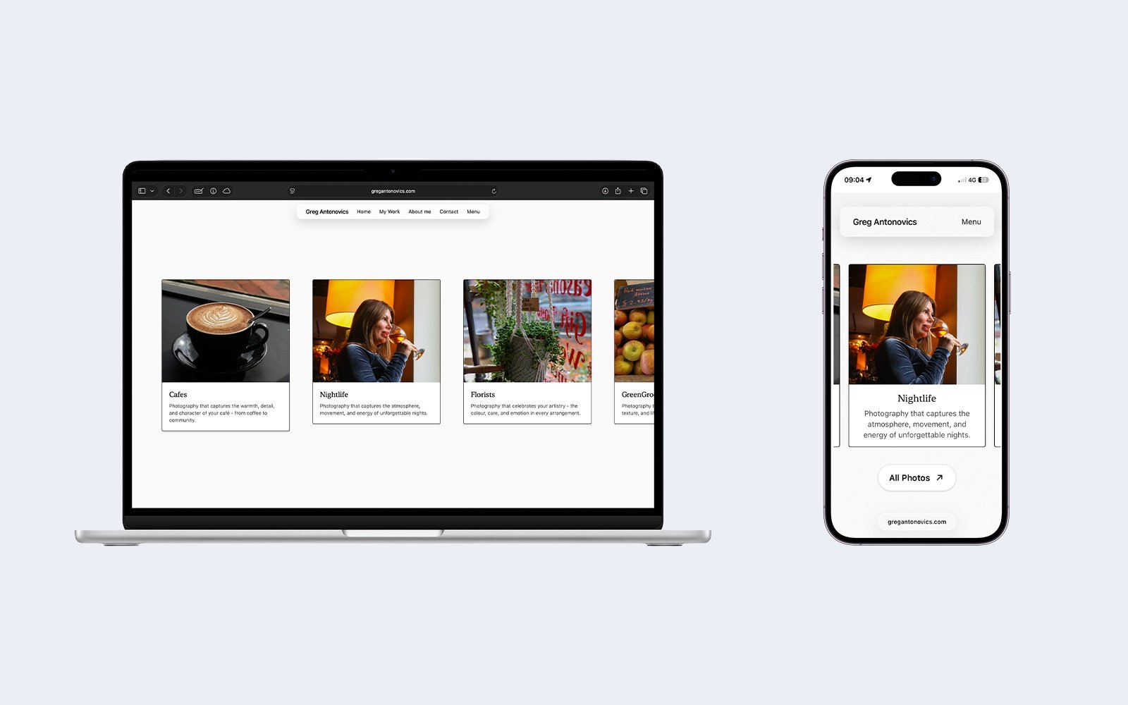 About page layout showing portrait and introduction content on desktop and mobile.
