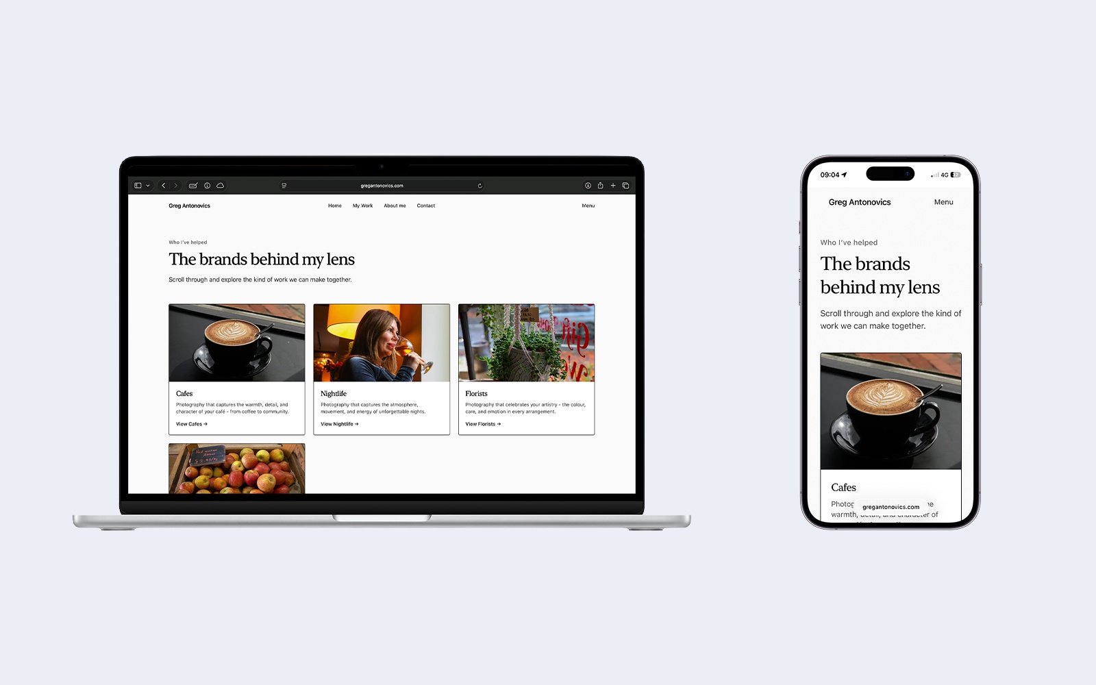Portfolio categories section showing different photography categories on desktop and mobile.