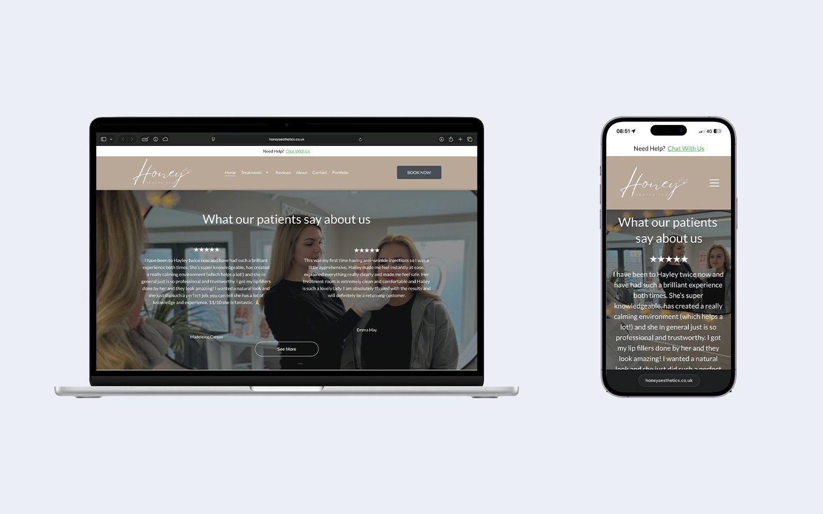 Treatments overview section showing multiple skin treatment options on desktop and mobile.