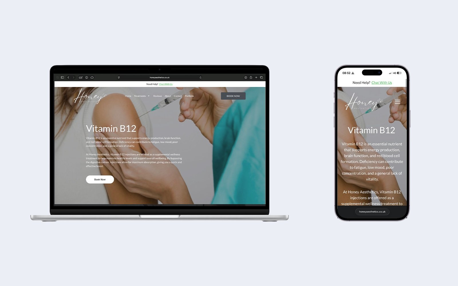 Homepage hero section showing clinic interior imagery with primary booking buttons on desktop and mobile.