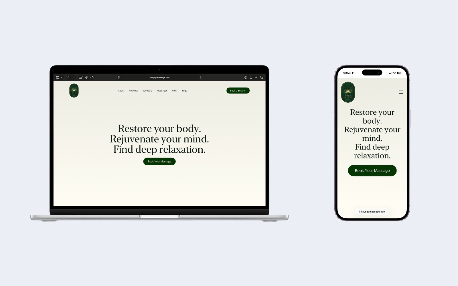 Lilia Yoga & Massage website preview on desktop and mobile.