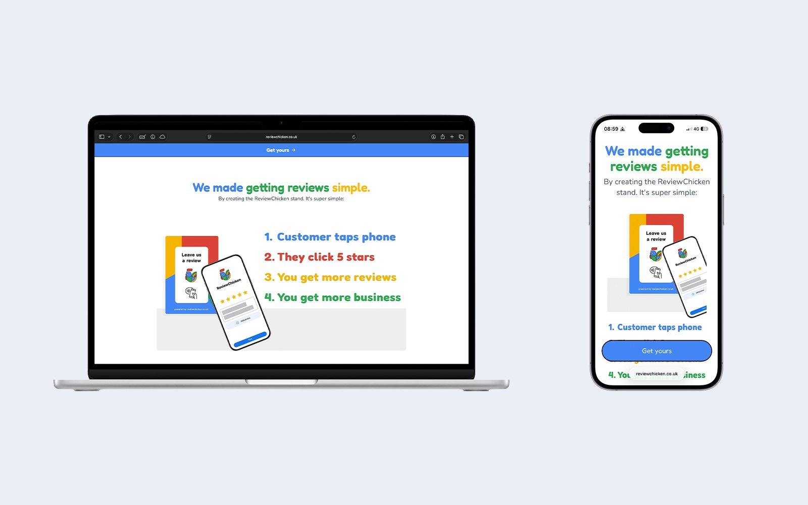 Comparison section showing why ReviewChicken is better than other providers on desktop and mobile.